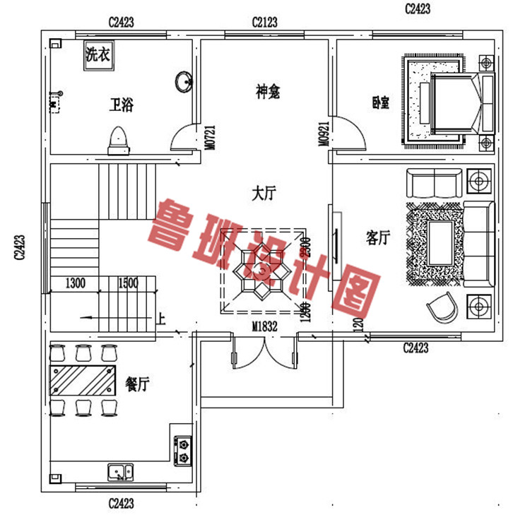 简单实用三层别墅房屋设计一层户型图