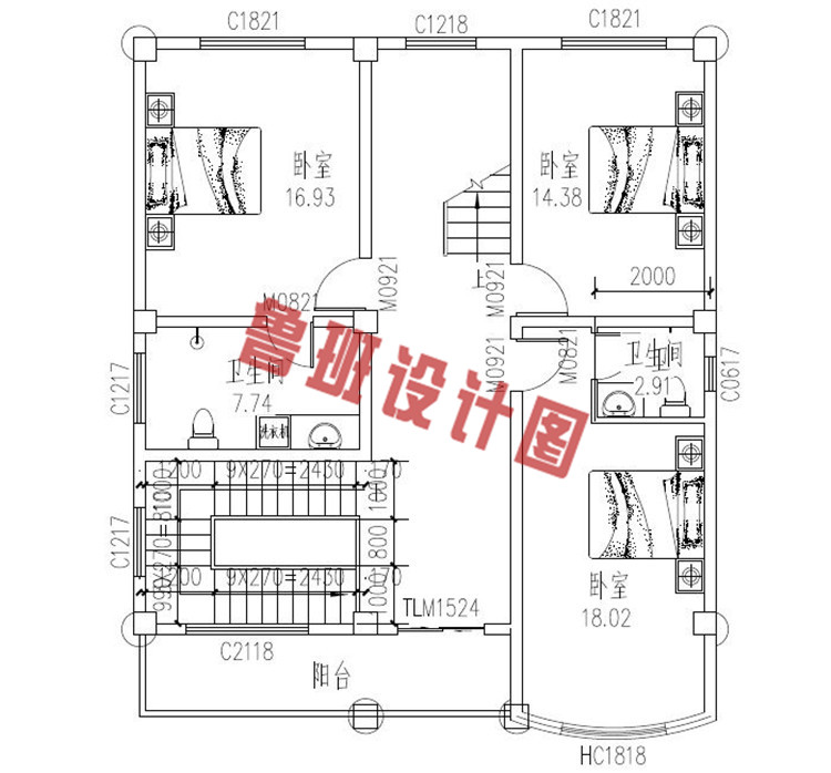 100平米三层农村别墅设计二层户型图