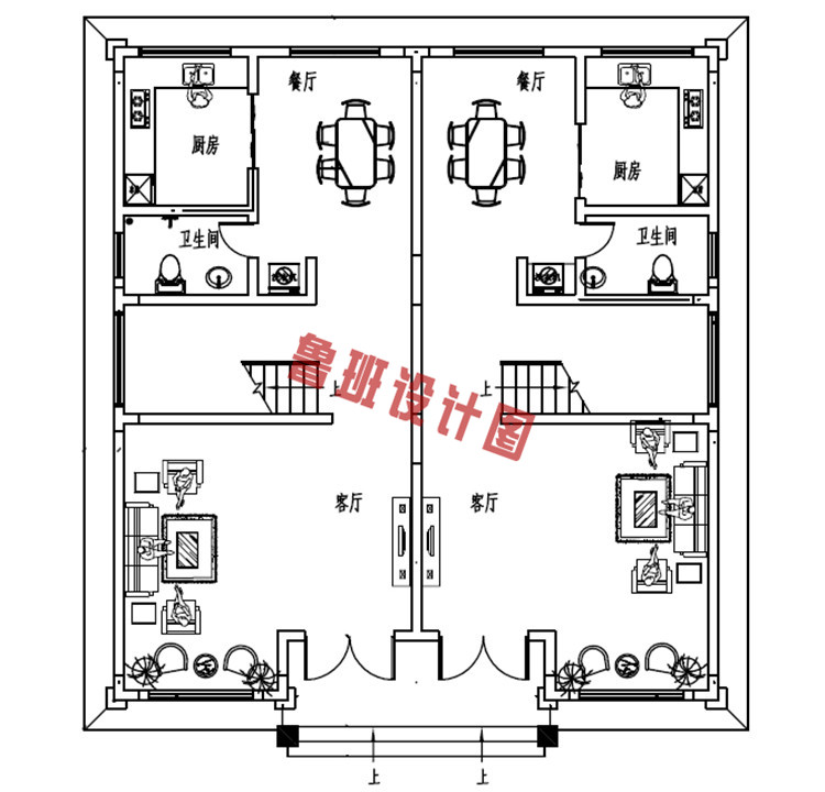 精美热销三层双拼别墅设计一层户型图