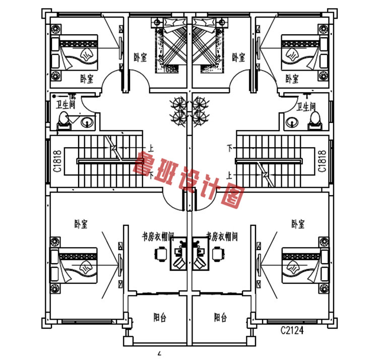 精美热销三层双拼别墅设计二层户型图