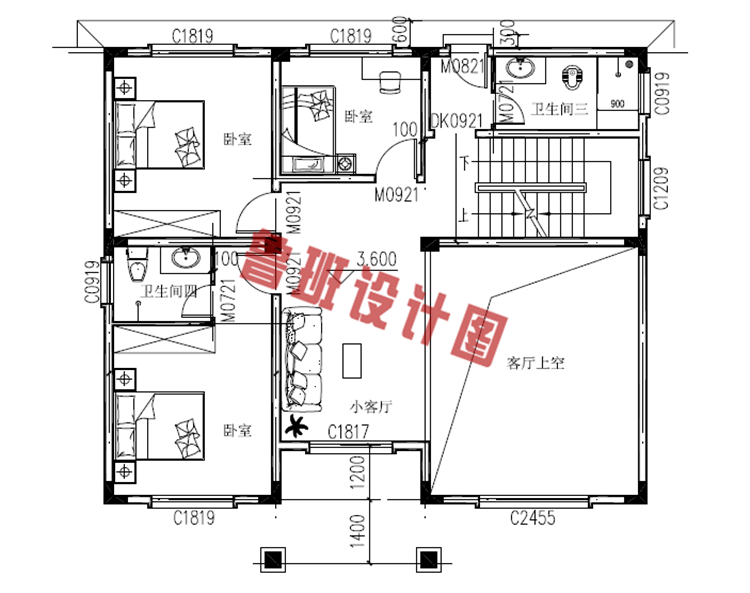 中式三层别墅设计二层户型图