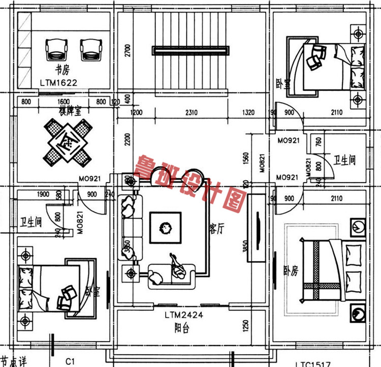 漂亮实用三层别墅自建房设计二层户型图