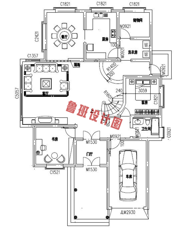 三层带车库别墅房屋设计一层户型图