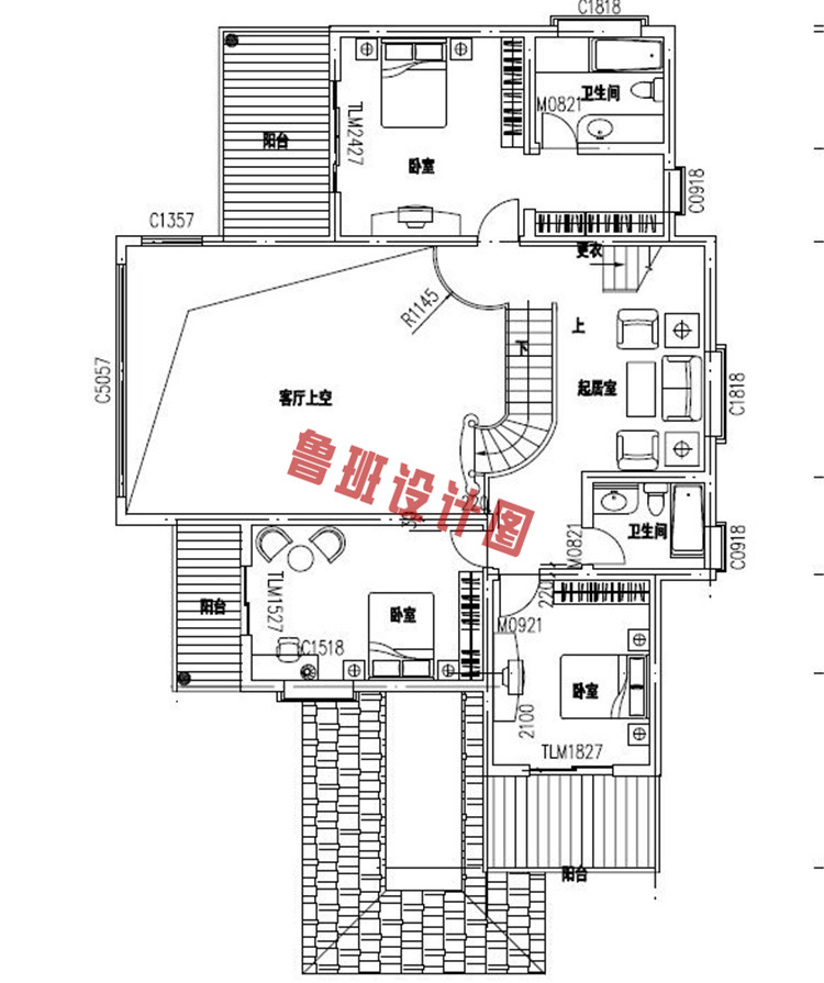 三层带车库别墅房屋设计二层户型图