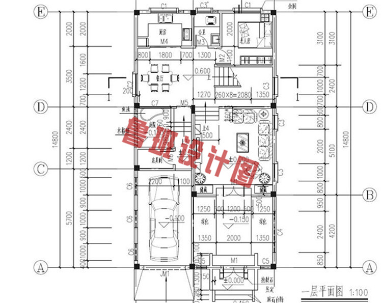 120平徽派三层别墅设计一层户型图