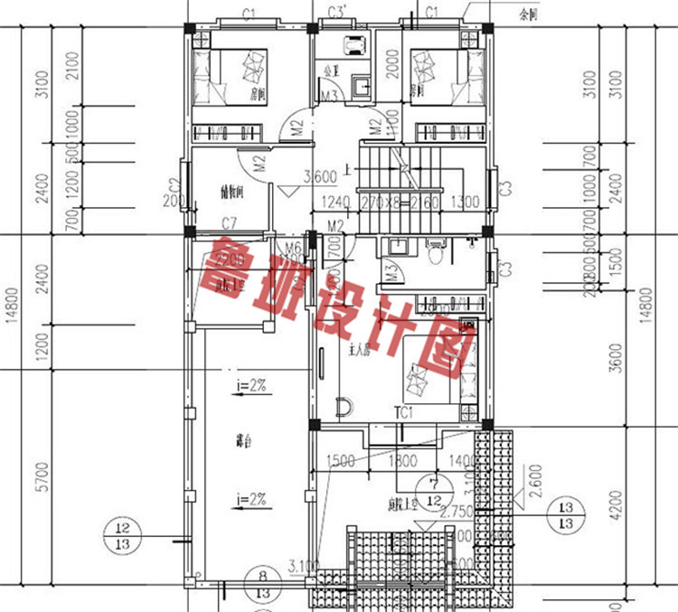 120平徽派三层别墅设计二层户型图