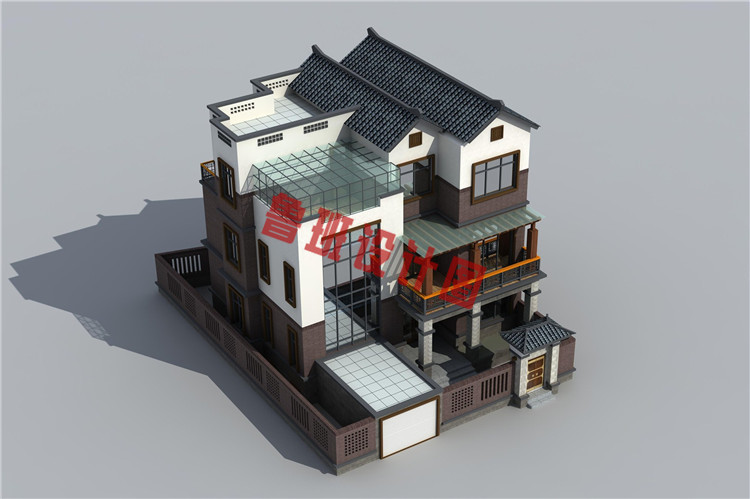 新中式三层楼房设计鸟瞰图