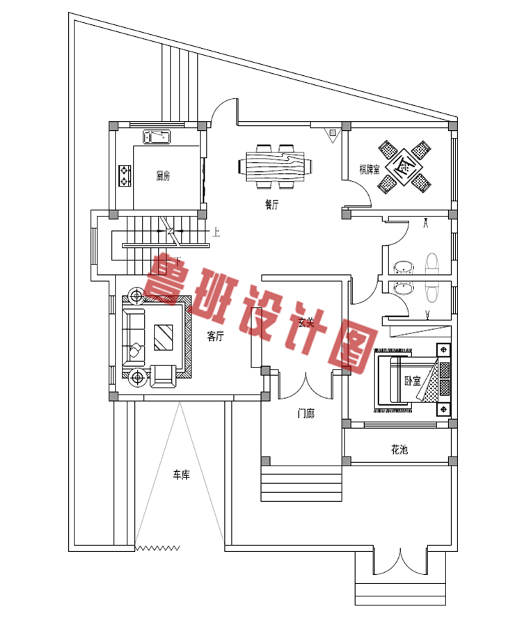 新中式三层楼房设计一层户型图
