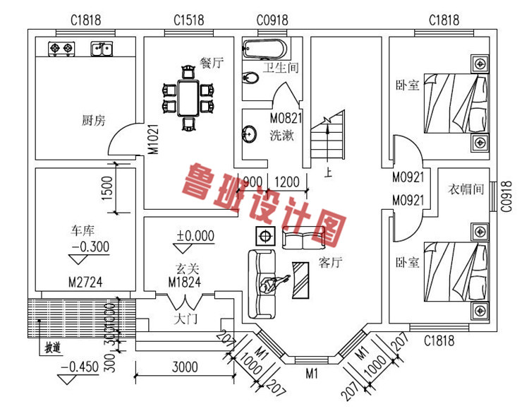 简约大气三层别墅房屋设计一层户型图