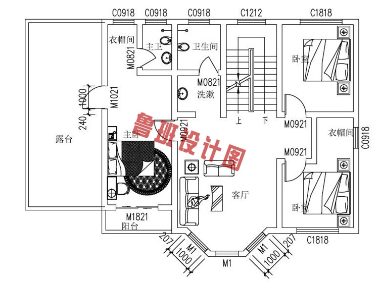 简约大气三层别墅房屋设计二层户型图