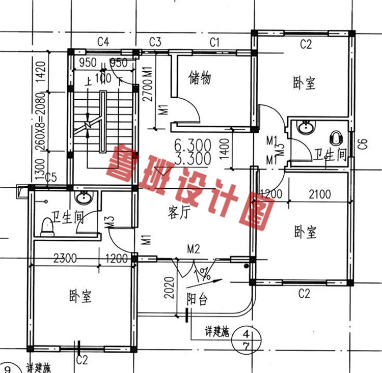 乡村三间三层别墅设计二层户型图