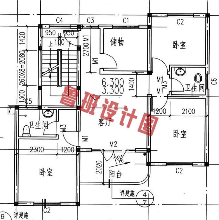 乡村三间三层别墅设计三层户型图