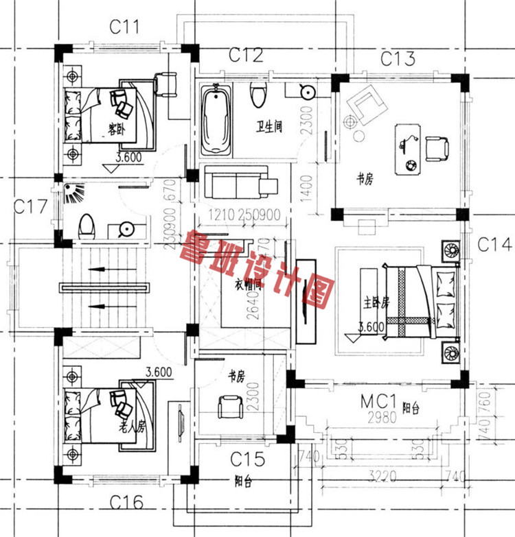 欧式三层别墅自建房设计二层户型图