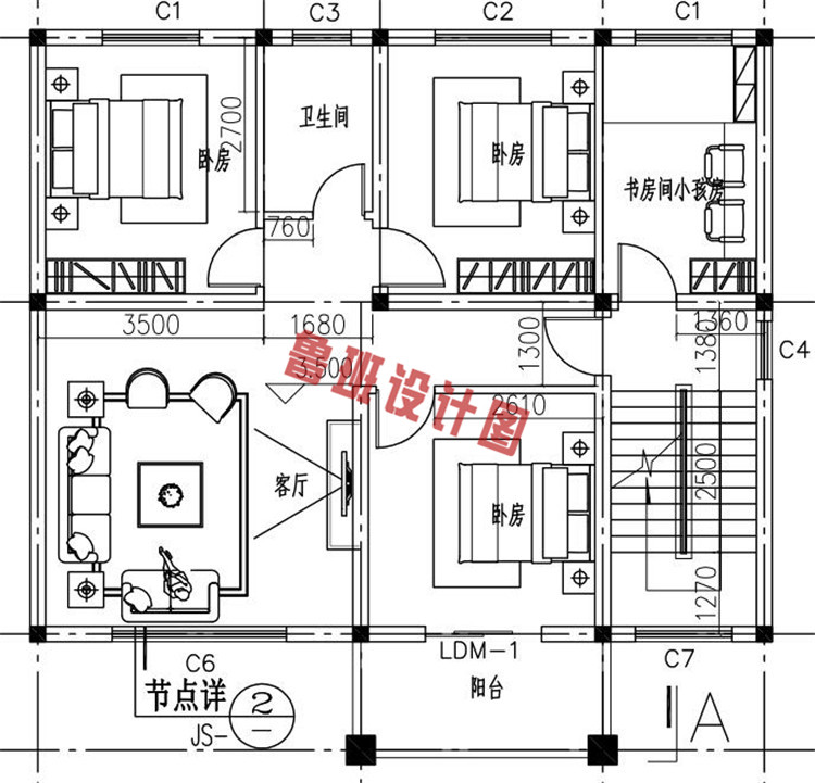 三层简单实用别墅设计二层户型图