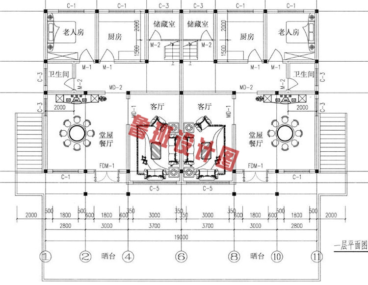 19X12米三层双拼自建房屋设计一层户型图