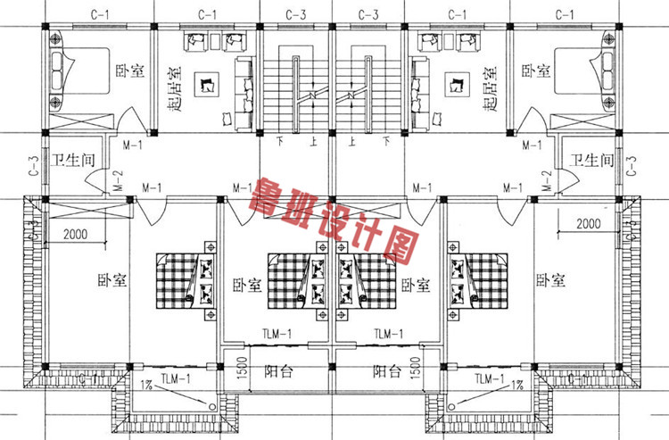 19X12米三层双拼自建房屋设计二层户型图