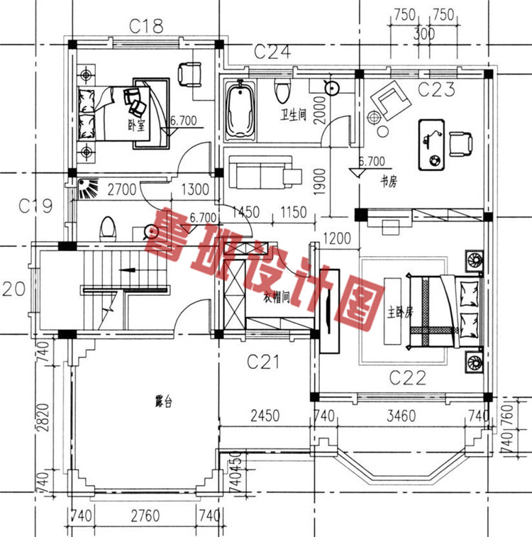 豪华复式三层别墅设计三层户型图
