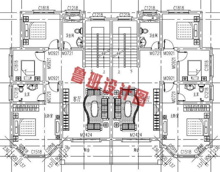 230平（单户115平）三层双拼自建房二层户型图