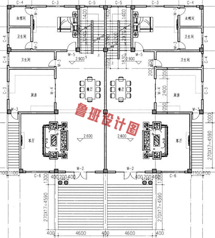 漂亮大气的三层半双拼别墅设计二层户型图