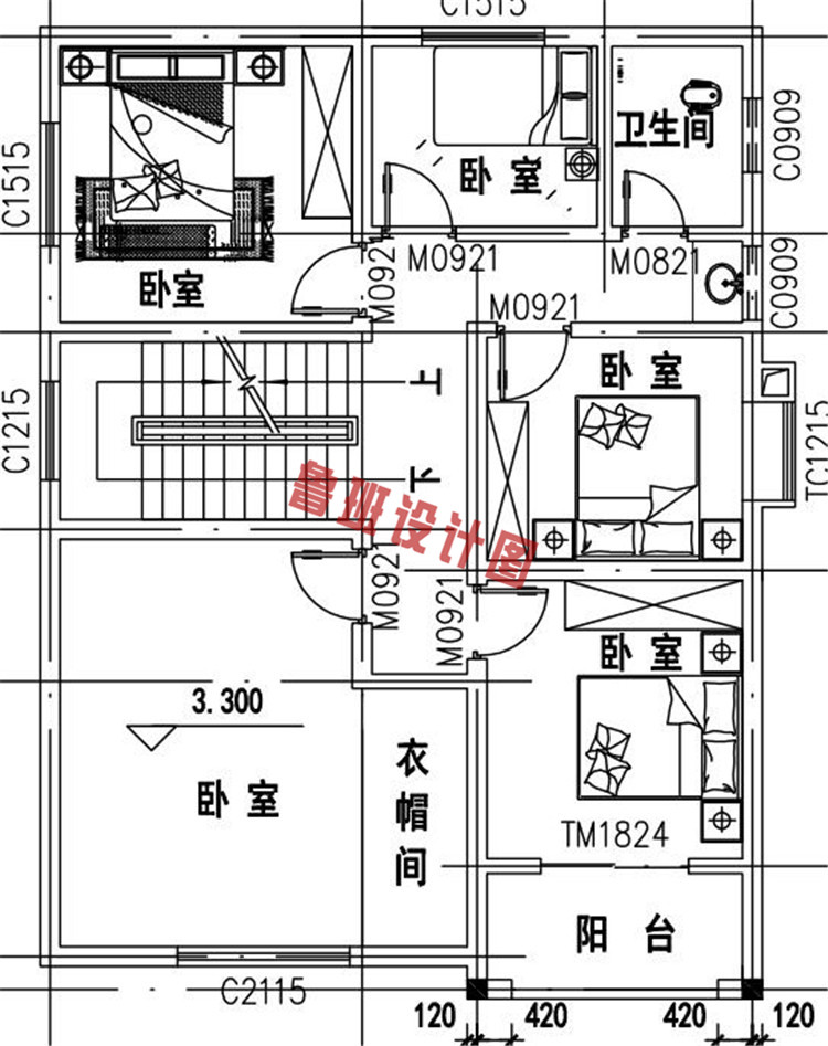 三层砖混结构私人独栋别墅设计二层户型图