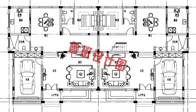 福建新农村三层双拼别墅设计一层户型图