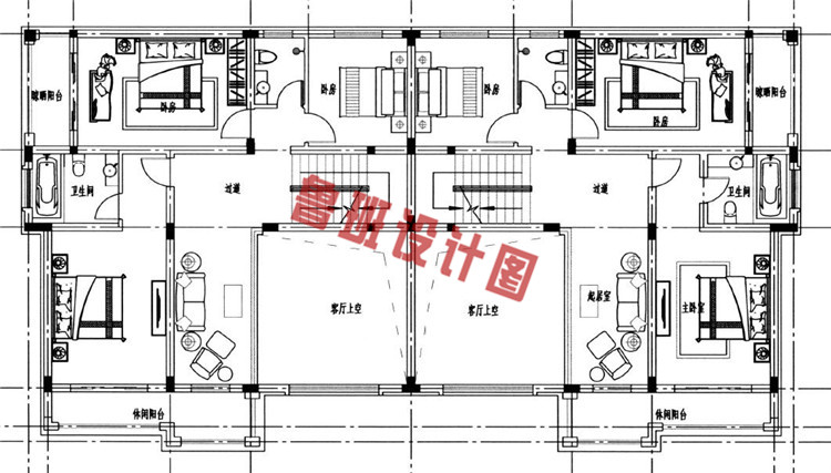 福建新农村三层双拼别墅设计二层户型图