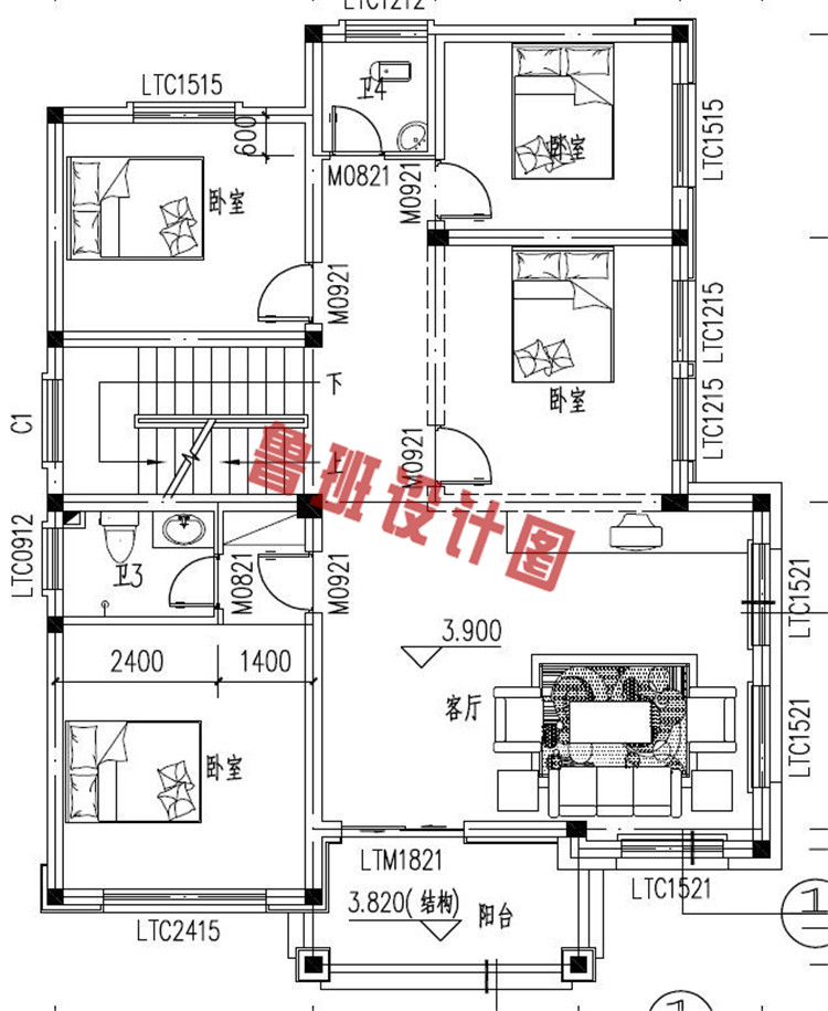 三层农村自建小洋楼别墅设计二层户型图