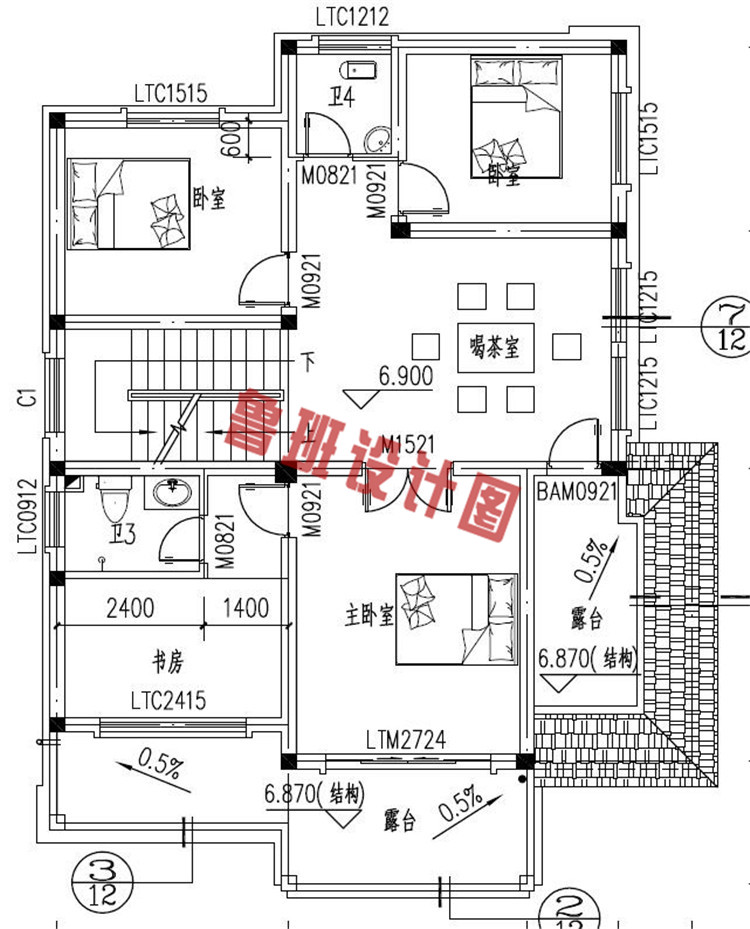 三层农村自建小洋楼别墅设计三层户型图