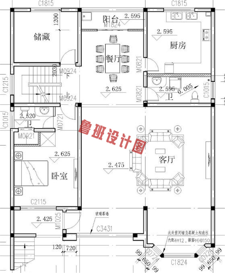 农村三层半别墅自建房屋设计一层户型图