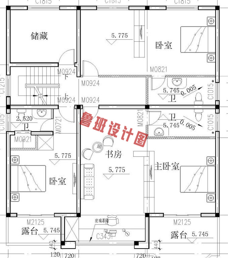 农村三层半别墅自建房屋设计二层户型图