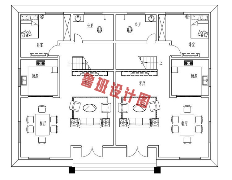 占地210平兄弟三层双拼小别墅设计一层户型图