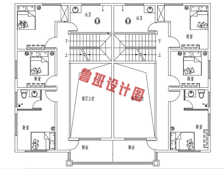 占地210平兄弟三层双拼小别墅设计二层户型图