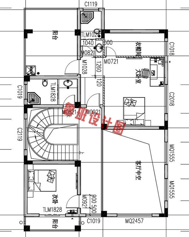 四层欧式别墅自建房设计二层户型图