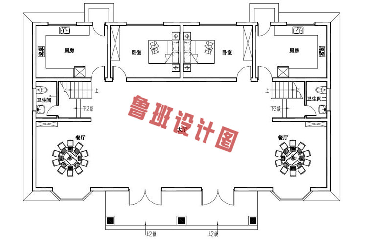 浪漫华丽的二层半双拼别墅一层户型图