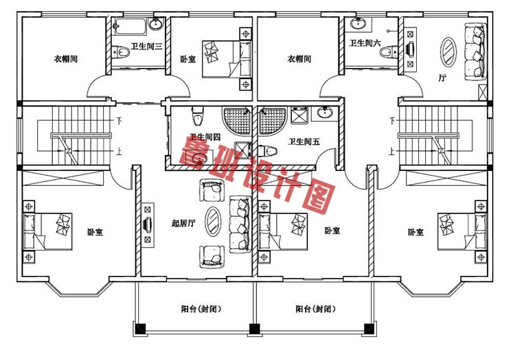 浪漫华丽的二层半双拼别墅二层户型图