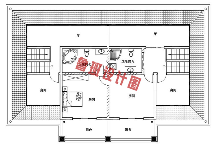 浪漫华丽的二层半双拼别墅阁楼户型图