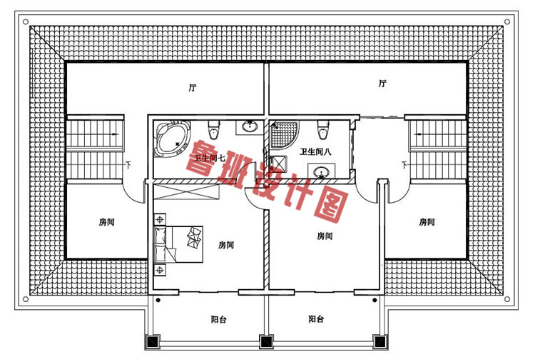 浪漫华丽的二层半双拼别墅阁楼户型图