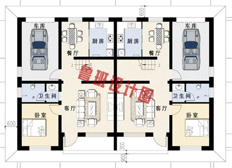 造价低的兄弟自建二层双拼别墅设计一层户型图