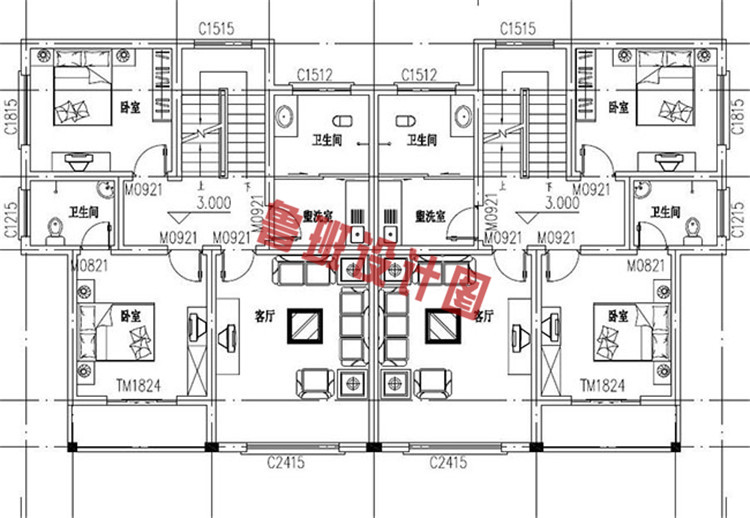 乡村质朴三层双拼别墅房屋设计二层户型图