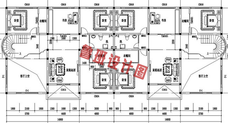 复式三层双拼小别墅设计二层户型图