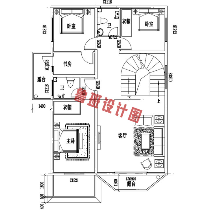 欧式风格四层自建房设计三层户型图