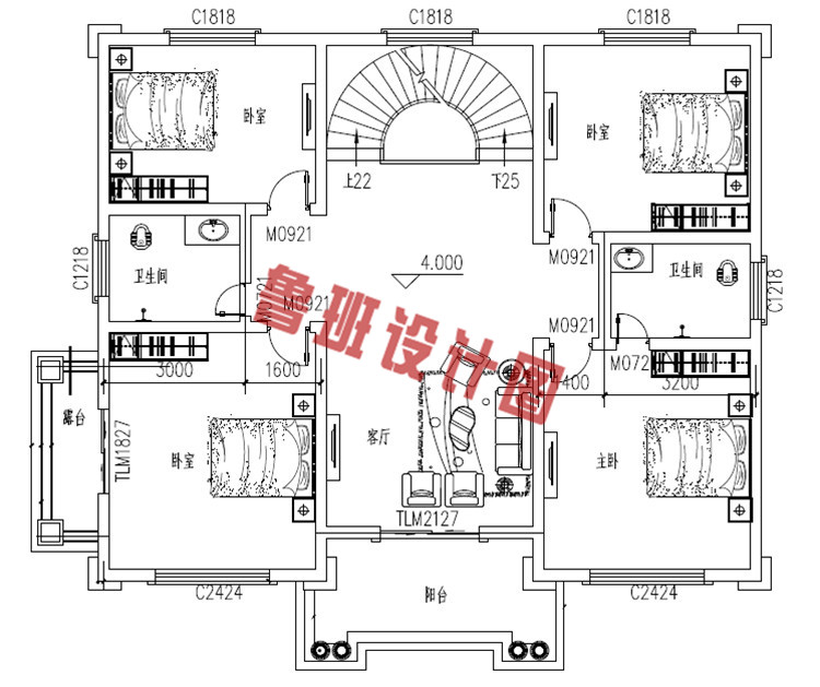 农村四层别墅自建房屋设计二层户型图