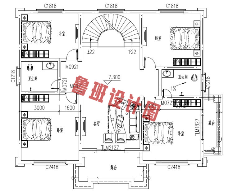 农村四层别墅自建房屋设计三层户型图