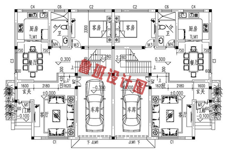 新中式二层双拼小别墅推荐一层户型图