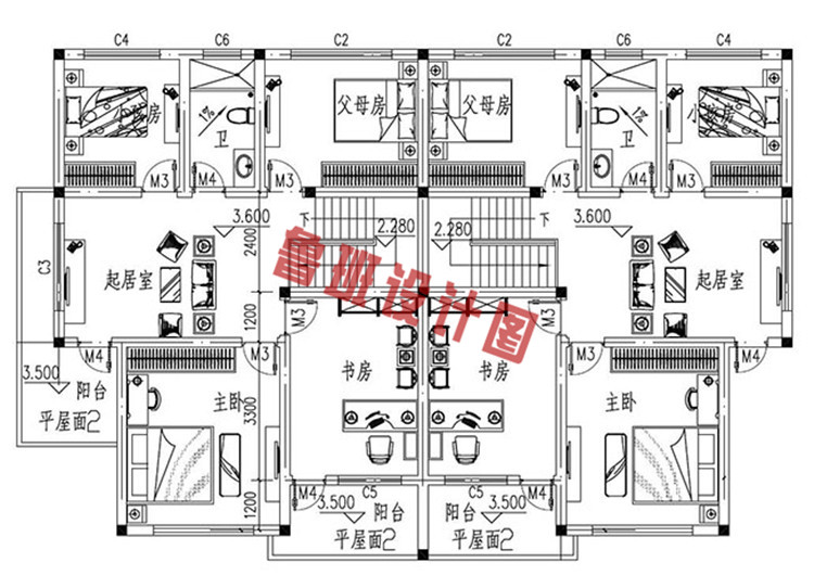 新中式二层双拼小别墅推荐二层户型图