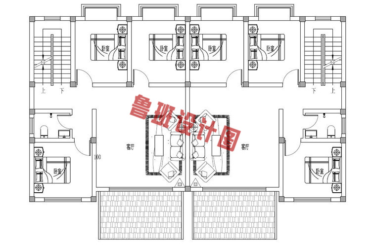 180平兄弟三层双拼别墅设计二层户型图