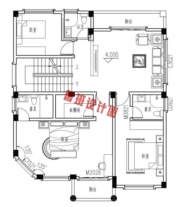 简约实用四层欧式自建房别墅设计二层户型图