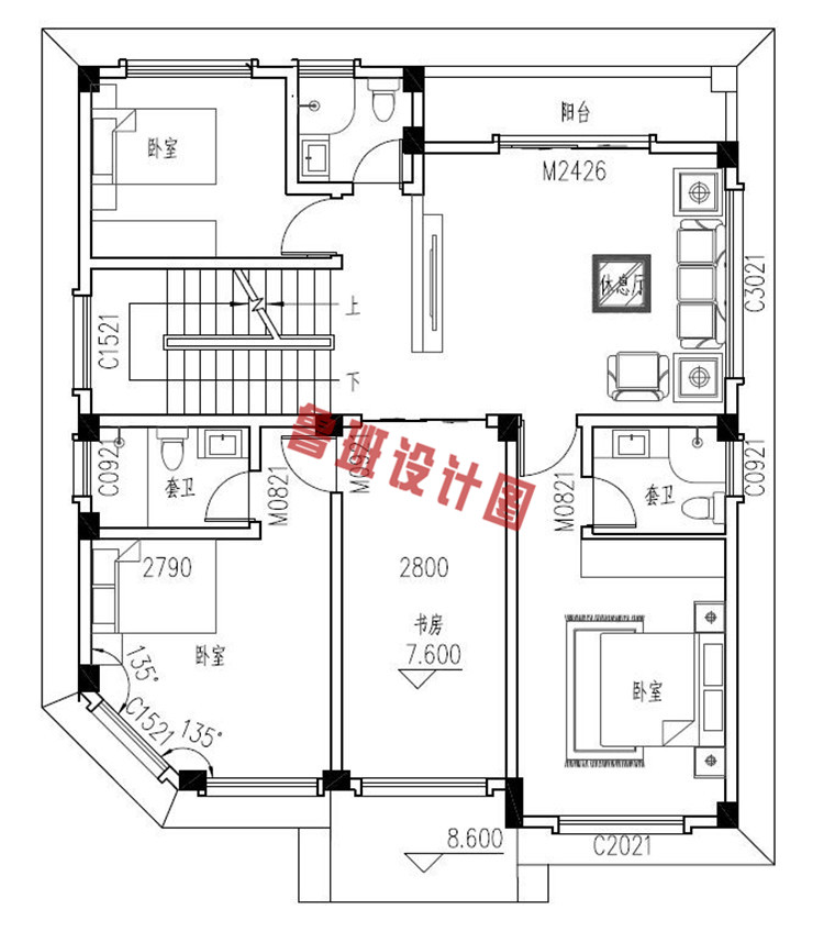 简约实用四层欧式自建房别墅设计三层户型图