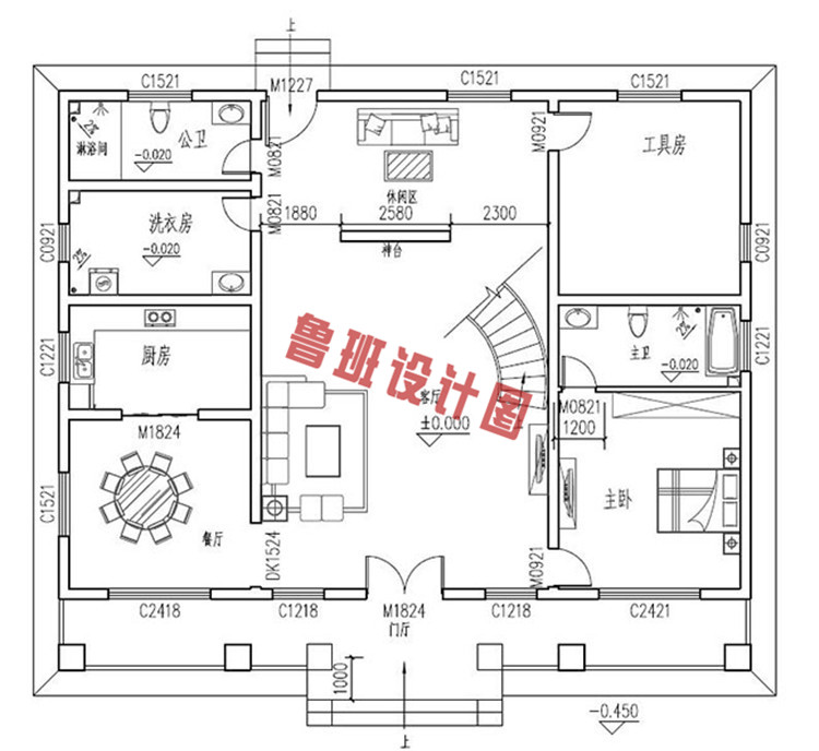 中式农村四层别墅设计一层户型图