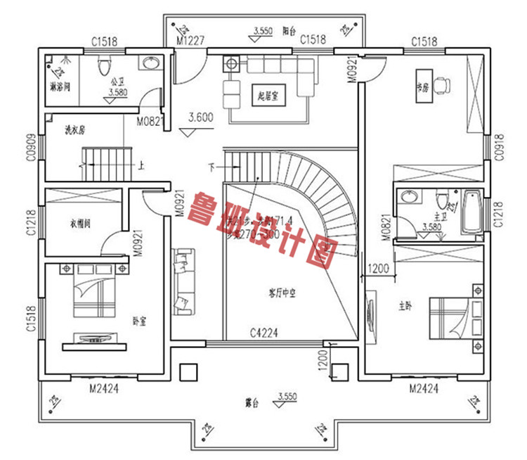 中式农村四层别墅设计二层户型图